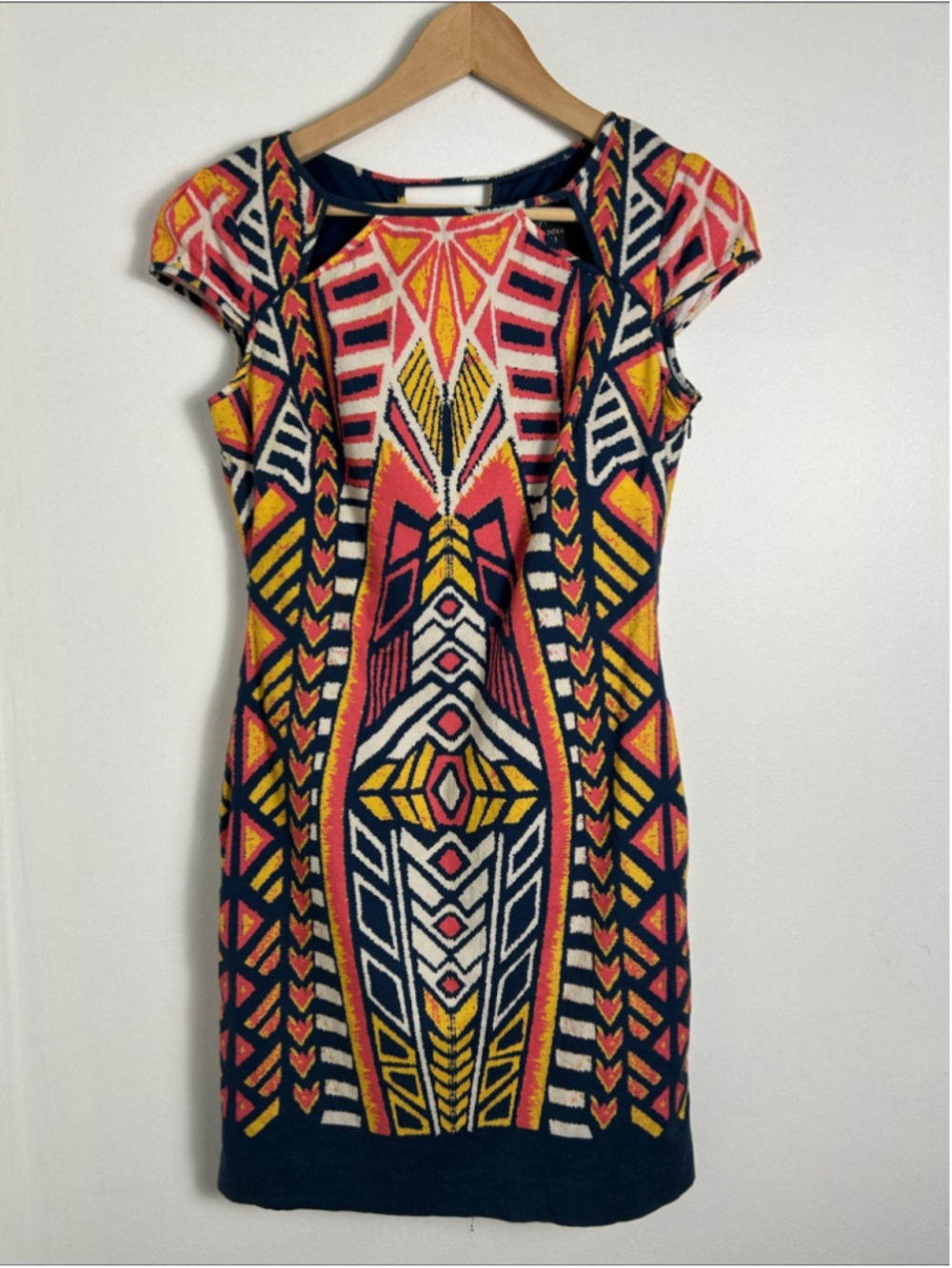 Adrianna Papell Geometric Sheath Dress Size 4 Coral Navy Yellow quality event